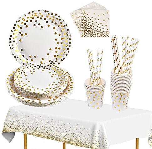Topways Juego suministros fiesta oro blanco con puntos, mantel de papel, platos de fiesta, tazas, pajitas, servilletas, vajilla para cumpleaños, bodas (16 invitados)