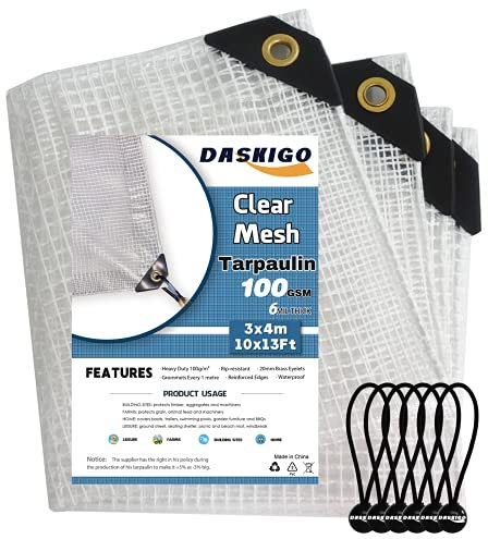 DASKIGO 3 x 4 m Reinforced Mesh Heavy Duty Clear Waterproof Tarpaulin Cover Mono Sheet & 6PCS Bungee Balls