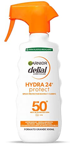 Delial Spray Protector SPF 50 y HYDRA 24 Protección Resistente al Agua, Fórmula Hidratante No Grasa con Manteca de Karite de Fuentes Sostenibles Para una Piel Protegida, Hidratada y Suave 270ml