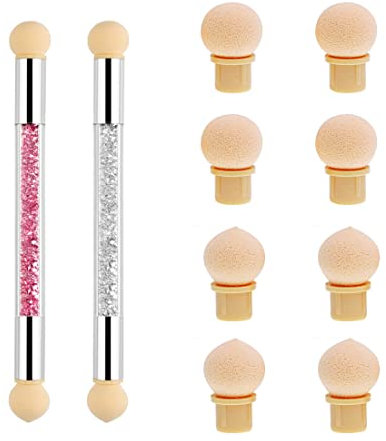 2 ensembles Double Tête Brosse Éponge, Nail Art Brosse Éponge Éponge Pinceau Éponge Brosse à Ongles Dégradé Recharge Éponge Ongle pour DIY avec 8 Éponge Tête Remplacement （argent + rose）
