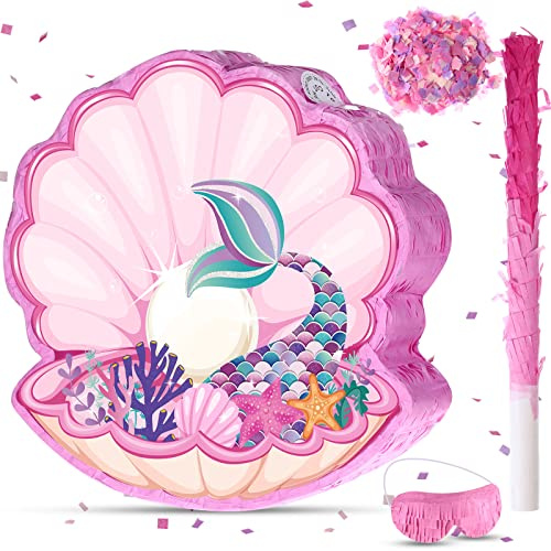 Snäckskal pinata sjöjungfru pinatas för födelsedagsfest flicka, havstema pinata med pinata-pinne, ögonbindel och konfetti för sjöjungfru födelsedag dekorationer tillbehör
