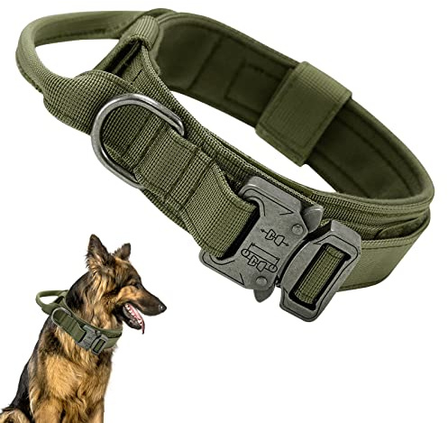 Ledeak Collares Tácticos para Perros, Ajustable Collar de Nailon con Hebilla de Metal, Antidesgaste Tácticos al Aire Libre Collares con Mango de Control para Perros de Tamaño(XL, Verde Militar)