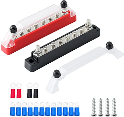 Greluma 1 Paio Morsettiera di distribuzione dell'alimentazione a 8 vie, kit barra bus batteria a 8 terminali, 2 x M6 (1/4), 6 x viti M4 (n. 8) terminali con terminali ad anello