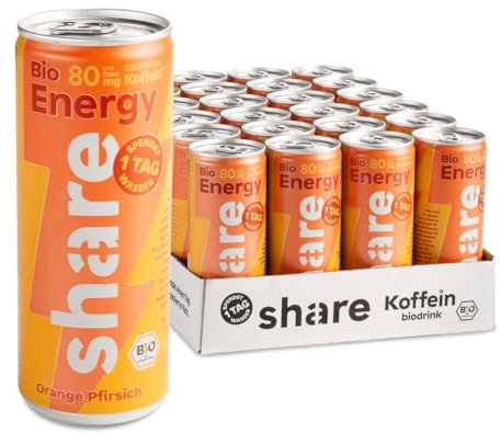 share Bio Energy Drink Orange & Pfirsich (kurzes MHD) – Veganes, koffeinhaltiges Erfrischungsgetränk mit natürlichem Koffein – 24x250ml Koffein Drink mit 80 mg Koffein je Dose – Spendet Trinkwasser