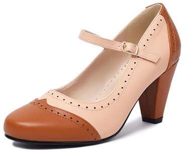 elerhythm Two Tone Mary Jane Classic et Retro années 20 Pump Heels Gatsby Oxford Vintage 50 avec bout rond fermé, sangle de cheville, Marron nu, 39 EU