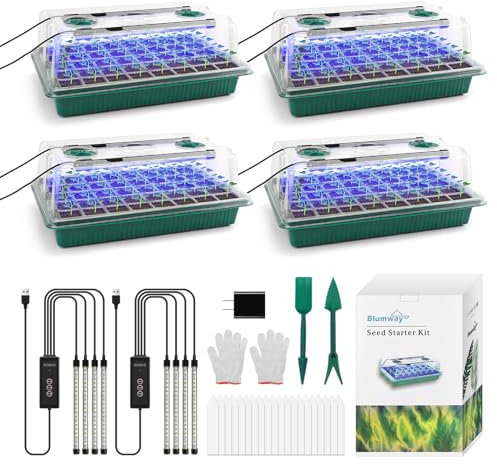 Juego de 4 bandejas para plantar semilleros con luz de crecimiento, 160 celdas, bandeja con cúpula de humedad, mini invernadero para plantas enraizadas, juego de iniciación de plantas con luz templada