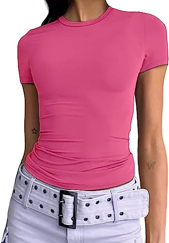 Damen Bauchfrei T-Shirt | Frauen Basic Kurzarm Crop Top | Y2K Casual Slim Fit Rundhalsshirt | Mode Trend Rosa/Blau/Braun | Damen legeres Oberteil(Pink-012,S)