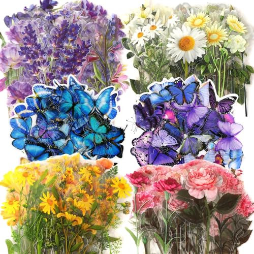 Augshy 240 Transparent Flower & Butterfly Scrapbook Stickers - PET Floral Stickers for Scrapbooking, Photo Albums, Crafts & Notebooks (120 Styles)