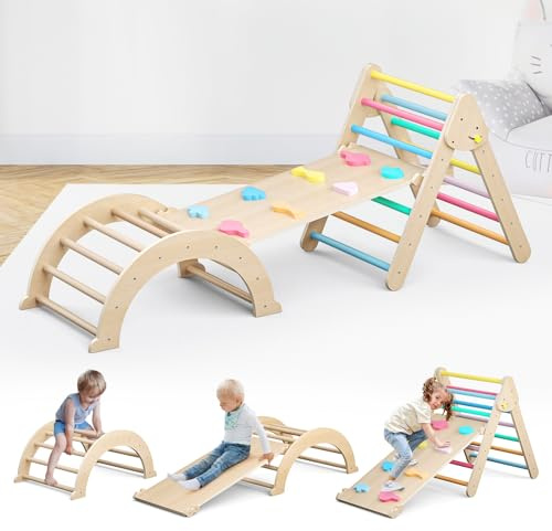 Krovtoy Rainbow Toddler Climbing Frame, Foldable Wooden Indoor Climbing Triangle Set with Ramp and Arch, Montessori Climber Toys Play Gym for Kids (Climbing frame 5in1)