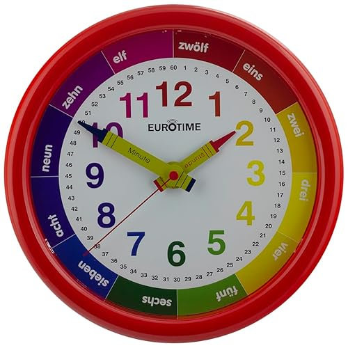 Eurotime Horloge murale à quartz pour enfant avec trotteuse silencieuse, boîtier en plastique rouge, 24,5 cm de diamètre, rouge