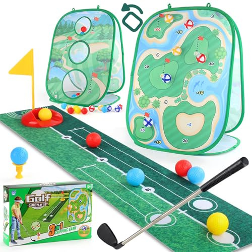 Jorzer Set da Golf per Bambini, Set da Golf 3 in 1 per Bambini con Mazza, Tappetino per praticare Il Putting, Rete per scheggiature su 3 Lati, Giochi per per Regali di Compleanno Giocattoli E GIOCH