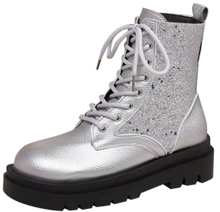 Generisch Botines para hombre, tacón bloque, botas de montaña, elegantes botas de goma con suela gruesa, botas de trabajo, zapatos de charol, botines clásicos de ante, plata, 38
