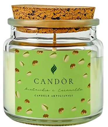 CANDÒR Mini candele profumate in Cera di Soia Artigianale Made in Italy - Piccola Candela Bianca di San Valentino in Vasetto di Vetro con Confezione Regalo - Pistacchio e Caramello
