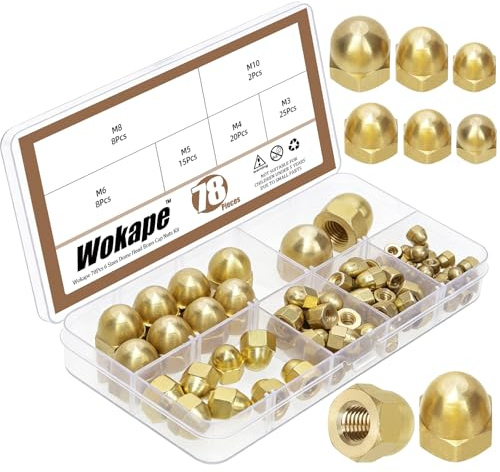 Wokape 78Pcs 6 Sizes Hex Acorn Nut Assortment Kit, M3 M4 M5 M6 M8 M10 Brass Metric Cap Nut Dome Head Hex Nuts Female Thread Dome Nuts for Bolt, light fixture-Gold