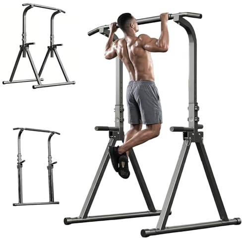 Foldable Power Tower, Pull Up Bar with 11-Height Adjustment(68.9-82.7in), Free Standing Dip Station for Home Gym, Multi-Function Training Equipment for Pull-up, Press-up, Strength Training