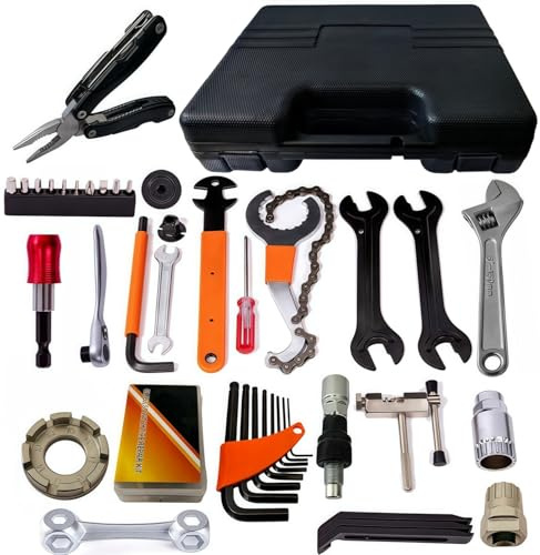 YBEKI Professional Bike Repair Tool Kit with Hard Case - Complete Maintenance Set for Mountain & Road Bikes, Includes Ratchet, Chain Tool, Crank Puller, Tire Bead Breaker, Multi-purpose Pliers