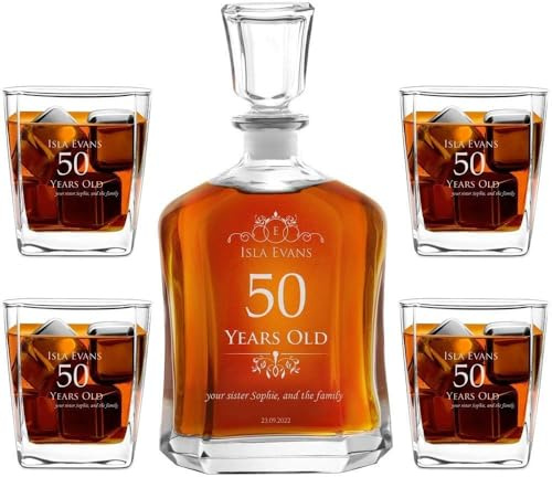 Maverton Classic Bourbon Whiskey Decanter Capitol Set of 4/6 Glasses - You can Personalise Tumblers as Gift - 700 ml Universal Carafe - Gift for Couple - Years Old