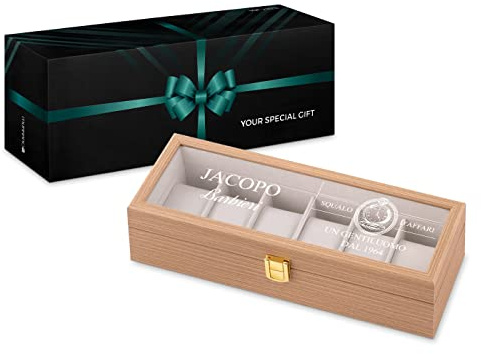 Maverton scatola porta orologi - con incisione personalizzata - in legno - custodia per 6 orologi - in legno - 31x11x8cm - regalo uomo - gentiluomo