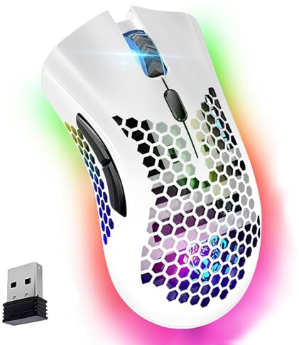 VEGCOO Gaming Mouse, Rechargeable Wireless Mouse with Honeycomb Wireless Gaming Mouse with RGB Light/Silent Click/Adjustable DPI, Optical Computer Mouse for Laptop PC Computer