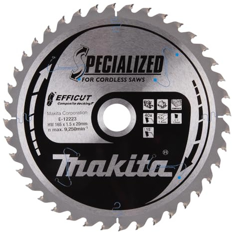 Makita E-12223 EFFICUT Composite Decking Circular Saw Blade Diameter 165 x 1.5 x 20 mm 40 Teeth 15° Tooth Angle for Natural Fibre-Reinforced Plastic e.g. WPC for Cordless Hand Circular Saws