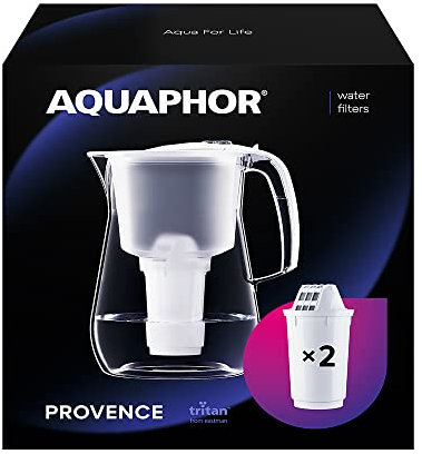 AQUAPHOR Wasserfilter Provence Weiß inkl. 2 A5 Filter mit Magnesium I Karaffe für 4,2l I Großer WasserfiIter in Glasoptik I Reduziert Kalk & Chlor I Tischwasserfilter I Stylischer Behälter