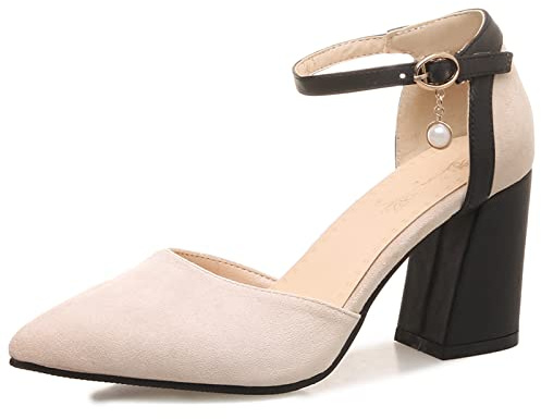 Bviennic Donna Appuntito Estate Con Cinturino Alla Caviglia Tacco A Blocco Sandali Eleganti Serata Moda Closed Toe Vestito Prom Scarpe Beige/7Cm Numero 34 Eu