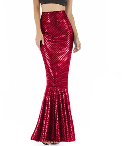 Jdlsppl Women's Mermaid Tail Adult Halloween Fish Costume High Waist Metallic Latex Fitted Party Maxi Skirt Fish Scale Burgundy Red XX-Large