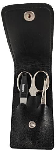 3-teiliges Solingen Maniküre Set mit Leder Etui schwarz, Nagelschere, Feile, Pinzette, MADE IN GERMANY