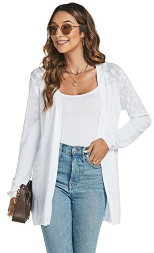 Famrrifuu Strickjacke Damen Lang Cardigan Sommer Leicht Sweater Cardigan Casual Langarm Elegant Sommerjacken,Weiß,XXL