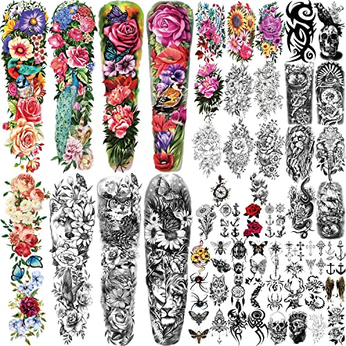 55 Sheets Temporary Tattoo for Women, 8 Full Arm Fake Tattoos, 17 Half Arm Fake Skull Flower Tattoos, 30 Tiny for Mens Adults Kids Body Shoulder Tattoos Stickers Waterproof Realistic Long-Lasting