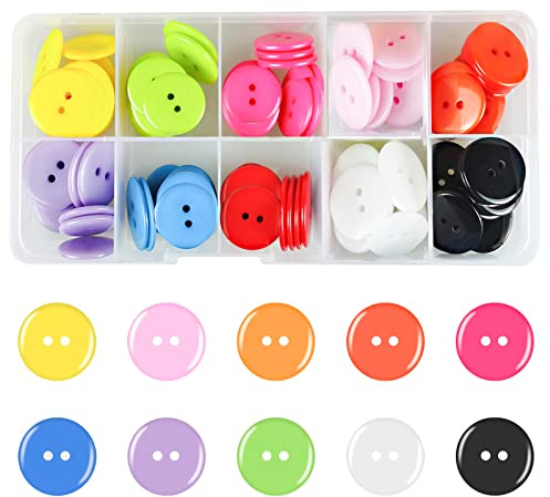 BOOHO 180pcs Colourful Buttons, 10 Colors 15MM Round Resin Button Large Sewing Buttons Craft Buttons with Plastic Storage Box Buttons for Crafting, Clothes Sewing (2 Hole)