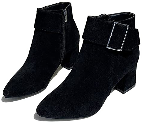 Dernolsea Ladies Ankle Boots, Faux Suede Pointed Toe Zip Up Block Mid Heeled Ankle Boots Black Size 7