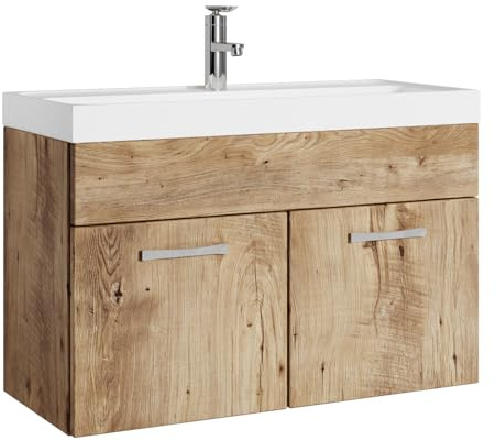 Badplaats Badmöbel Set mit Waschbecken und Unterschrank Paso 01 80 x 40 cm Kastanien Eiche - Waschbeckenunterschrank mit Waschbecken