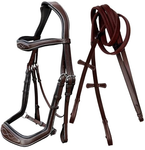 ExionPro Exion Anti-Pressure Anatomic English Jumping Leather Horse Padded Bridle with Reins- Havana Brown, Over Size