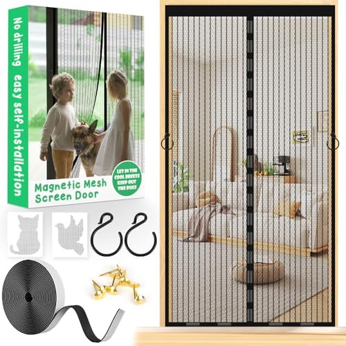 Magnetic Fly Screen Door 90 x 210cm Heavy Duty Door Curtain with Powerful Magnets and Full Frame Magic Tape Hands Free Mesh Partition Curtain Keeps Bugs Out Without Drilling Pet and Child Friendly