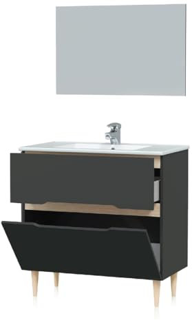 MarinelliGroup Mobile bagno 80 cm a terra lavabo ceramica specchio cassetto + anta ribalta GRIGIO ANTRACITE 80 x 45 x 80 cm 305401Z