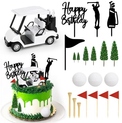 21 Pieces Golf Cake Decorations With Mini Cart, Ball, Green Tree, Clubs, Red Flag Cupcake Toppers for Sports Theme Birthday Party Decor Supplies