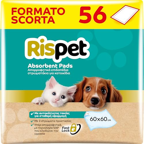 RISPET Tapis hygiéniques pour Chiens 60 x 60 cm, Haute Absorption avec Technologie contrôle des odeurs, 56 unités