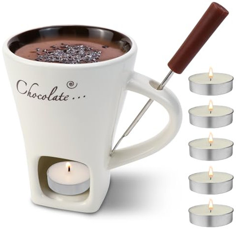 Taza de fondue de chocolate, 200 ml, juego de fondue de chocolate multiusos con tenedor y vela de té, adecuada para queso, chocolate, mantequilla y caramelo (blanco)