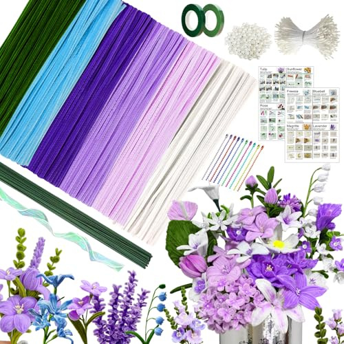 YEJIKJ Piprensare blomset, tulpanbukett piprensare set bukett, 300 stycken piprensare för pyssel blommor (6 färger), piprensare blommor med blomband, presentband