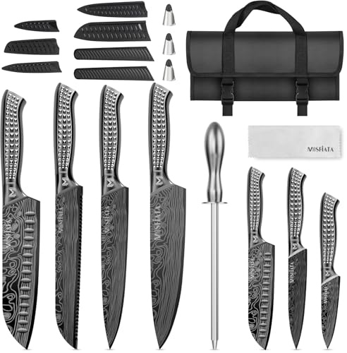 MOSFiATA Lot de 12 couteaux de cuisine en acier inoxydable gris avec étui, couteaux de chef tranchants, protège-doigts, douilles de sabre de couteau, baguette à aiguiser, sac de transport Oxford