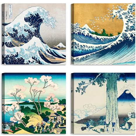 LuxHomeDecor Set di 4 quadri 30x30 cm – stampa su tela con telaio in legno stile arte giapponese – Katsushika Hokusai