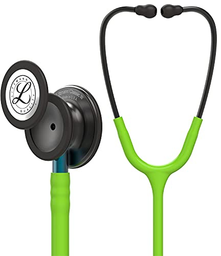 3M Littmann Classic III Monitoring Stethoscope, 5875, More Than 2X as Loud, Weighs Less, Stainless Steel Smoke-Finish Chestpiece, 27 Lime Green Tube, Blue Stem, and Smoke Headset