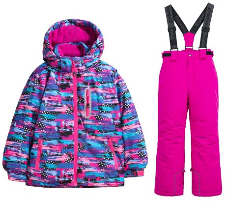 WOWULOVELY Girls Thicken Warm Snowsuit Hooded Ski Jacket Pants 2 Pcs Set Skiing Jacket with Pants(23 Rose1,Size 14)