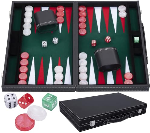 Engelhart - 250508 - Backgammon di Lusso 15 (38 cm) Verde – Valigetta in Similpelle con Interno in Feltro – Dadi e Pedine Madreperlate + 2 Bicchieri – Gioco di Strategia Classico