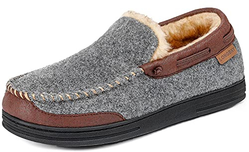 LongBay Men's Moccasin Slippers Warm Memoy Foam Indoor Outdoor, Grey, 11