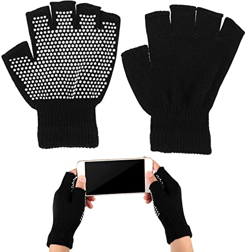 Fengyuanhong Fingerless Gloves with Grip, Black Thermal Gloves Hand Outdoor Non-Slip Half Fingerless Gloves for Women Men Outdoor Driving Cycling