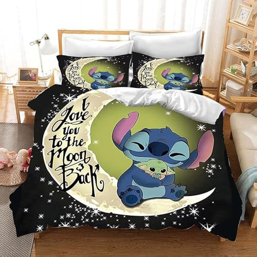WINUO - Anime Bettwäsche Set 135x200cm Mikrofaser - 3D Digital Print Lilo et Stitch Bettwäsche und 1 Kissenbezug 80x80cm