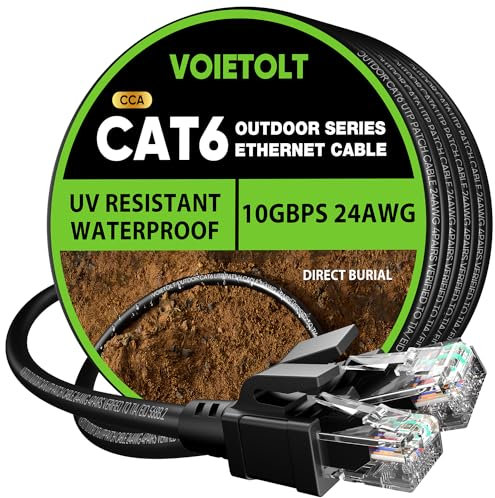 VOIETOLT Outdoor Cat 6 Ethernet Cable 50m, Water Resistant Direct Burial LLDPE UV Jacket - 24AWG 10Gbps High Speed Gigabit Internet Network Cable - CCA, UTP with 40 Ties - Black