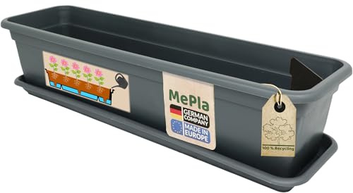 MePla – Balkonglåda balkong med bevattning 60 cm + underlägg – antracit – blomkruka – växtkruka – växtlåda av väderbeständig UV-resistent plast